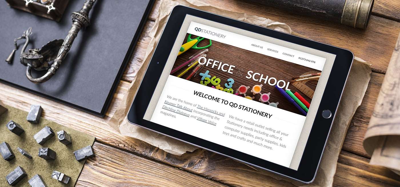 QD Stationery's website displayed in a tablet device
